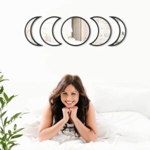 Wall Mirror for Living Room 5 Pieces Decorative Mirror Wooden Moon Phase Wall Mirror